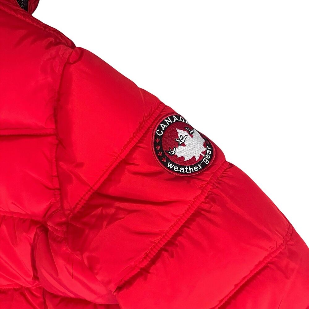 Canada Weather Gear Coat Womens L Red Puffer Parka Hooded Faux Fur Long EUC - Picture 10 of 12